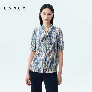 飘带衬衫 LANCY 新款 印花显瘦高级感通勤衬衣 朗姿2023秋季 女短袖