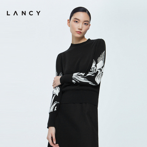 LANCY/朗姿羊毛针织衫2022冬季新款半高领黑色印女士花毛衣打底衫