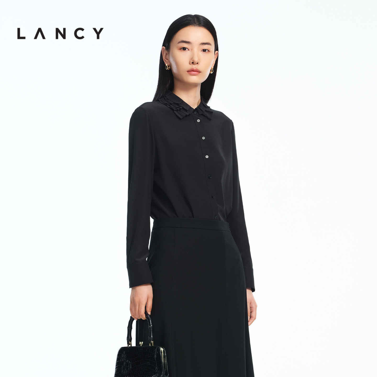 【真丝】LANCY/朗姿2026春新款气质通勤荷叶边领衬衫女设计感上衣