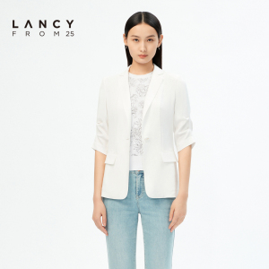 LANCY/悦朗姿女装2023夏季新款薄款白色五分袖西装外套女收腰显瘦