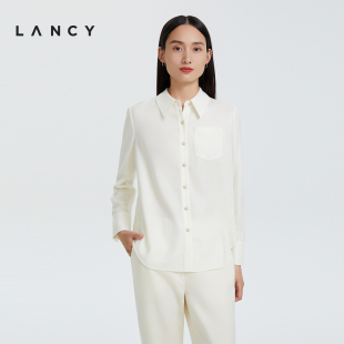 新款 LANCY 女2022冬季 朗姿纯羊毛衬衫 百搭高级感女士通勤白色衬衫