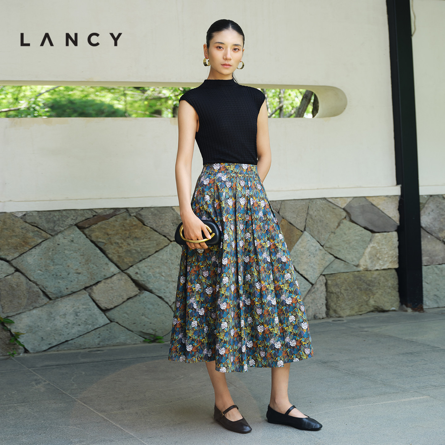 【秀场同款】LANCY/朗姿2026夏季新款纯棉法式A字高腰伞裙半身裙