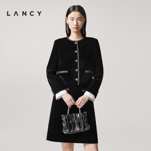LANCY 丝绒短外套气质圆领黑色上衣女 朗姿2025年秋新款 高级感法式