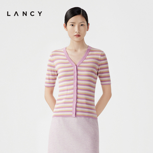 LANCY/朗姿2024夏季新款气质减龄短袖条纹V领针织衫女修身短上衣