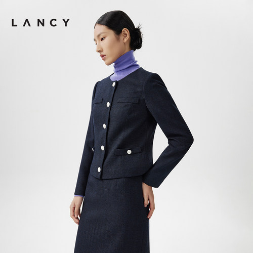LANCY/朗姿2024春季新款长袖收腰修身职业套装女高级感通勤短外套