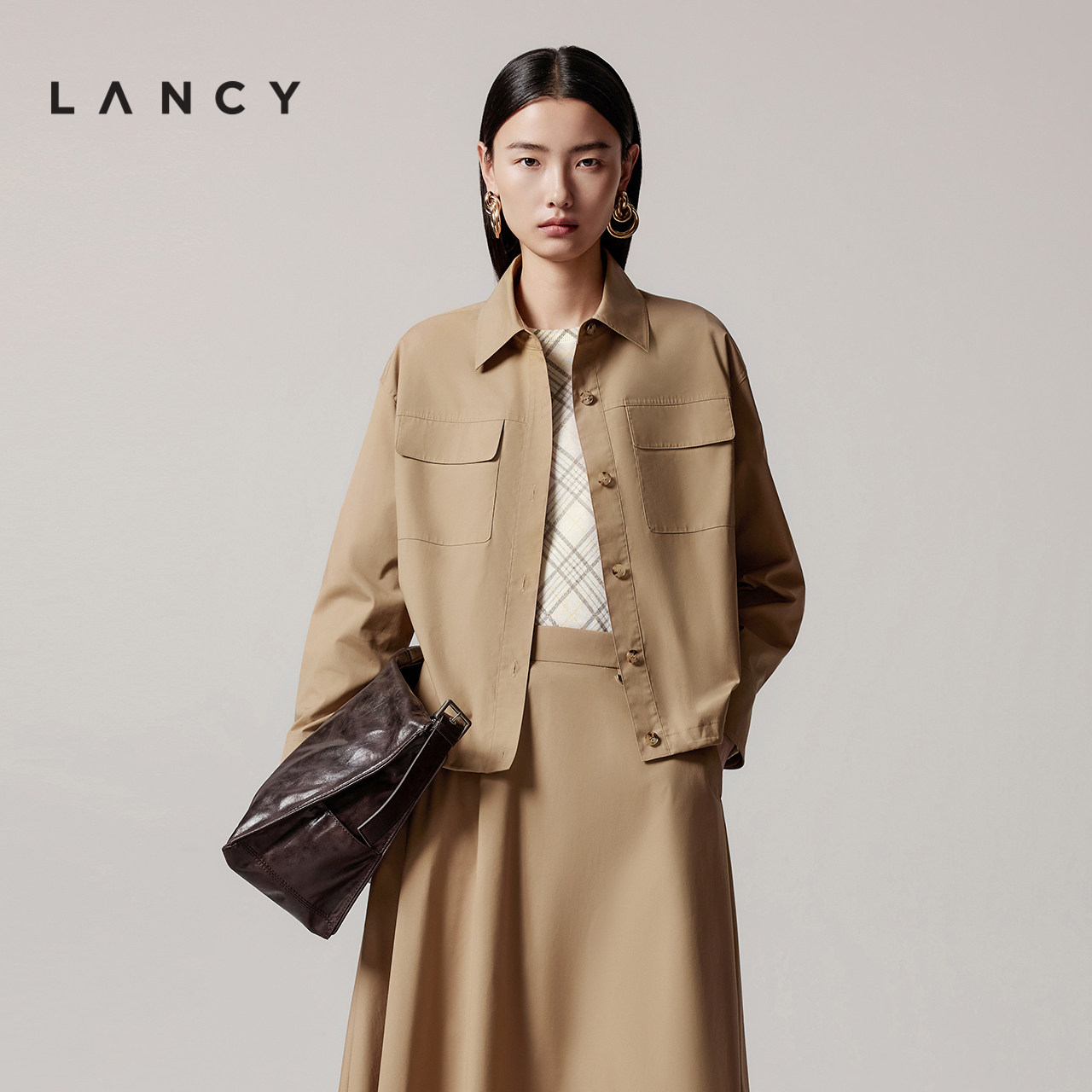 LANCY/朗姿2025年秋新款气质简约棉感翻领短外套女高级感夹克上衣