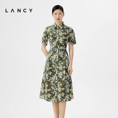 LANCY/朗姿2024夏季新款短袖印花纯棉衬衫连衣裙女气质收腰A字裙