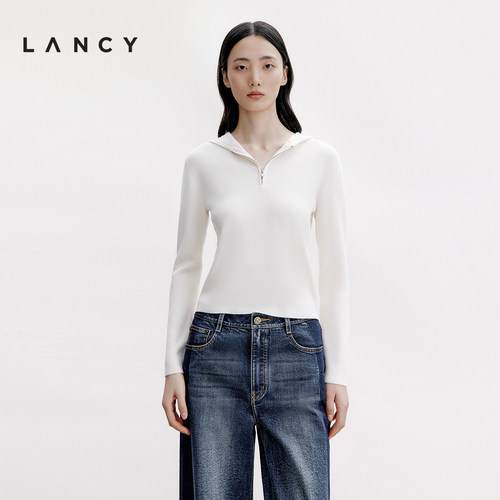 LANCY/朗姿2024秋季新款白色绵羊毛修身针织帽衫女拉链打底上衣