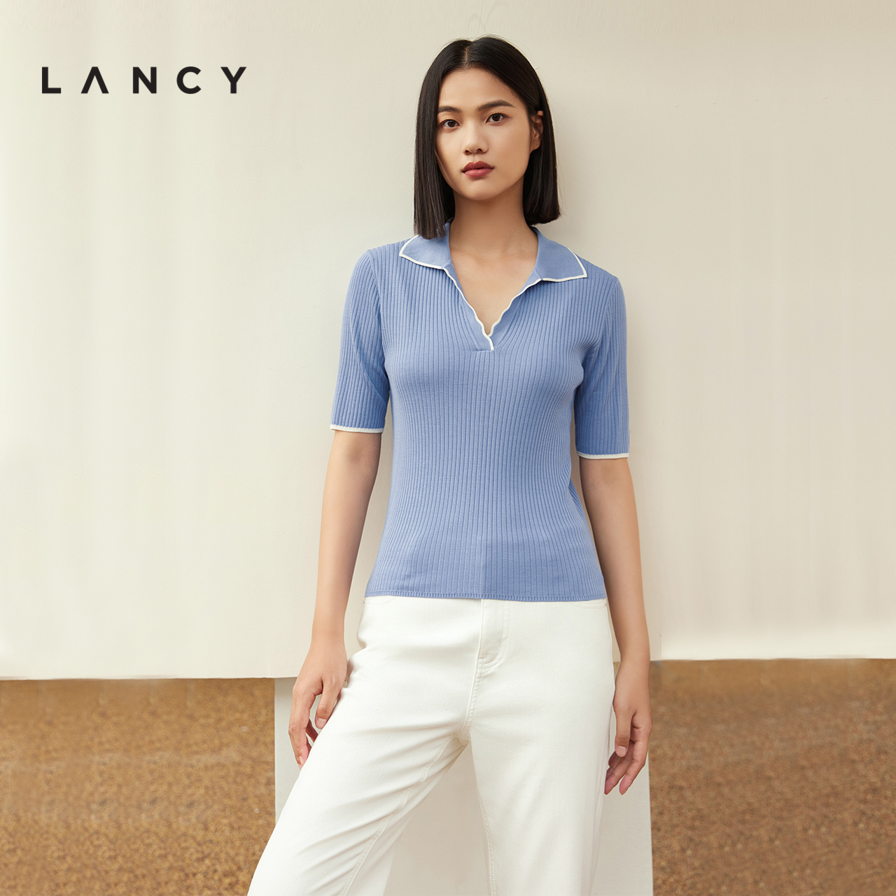 LANCY/朗姿夏季桑蚕丝翻领polo领针织衫薄款收腰上衣真丝短袖女