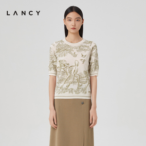 LANCY/朗姿女装2022春季新款羊毛刺绣圆领套头衫印花通勤针织衫女