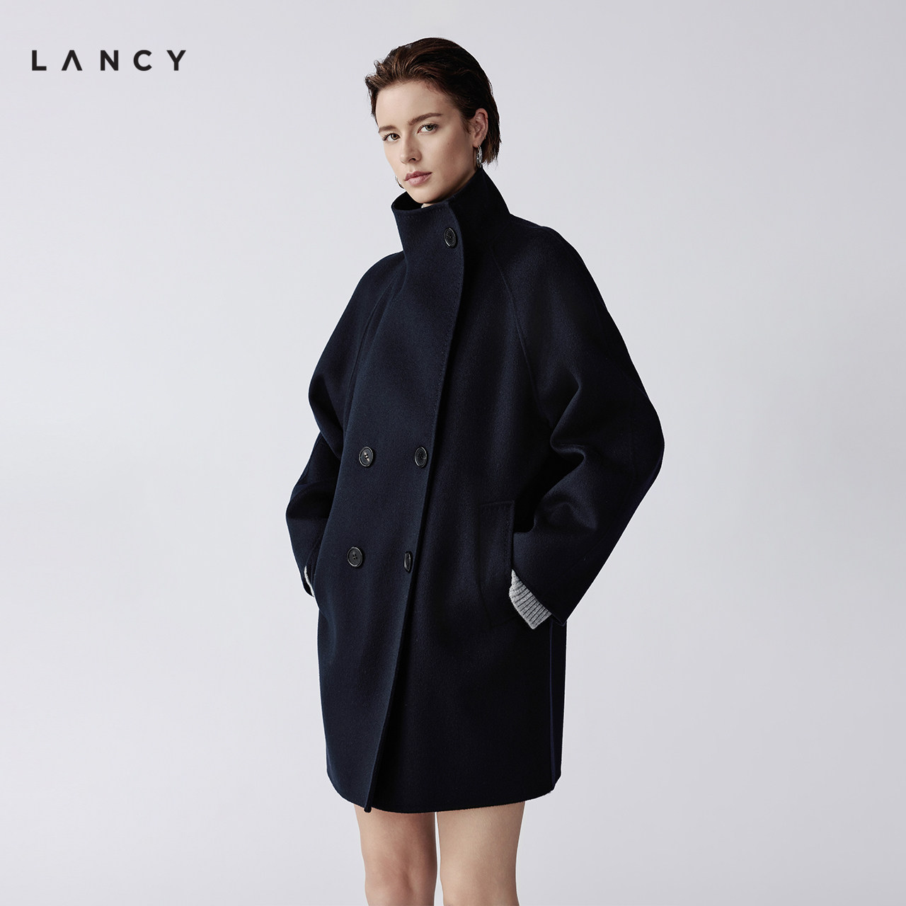 【纯羊毛】LANCY/朗姿冬季新款双面呢气质极简立领廓形长大衣外套