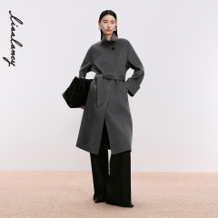 LANCY/朗姿2024冬新款纯羊绒高级感廓形立领大衣中长款毛呢外套女