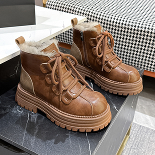 马丁靴女款雪地靴2025冬季新款加绒女鞋真皮厚底短靴防滑加厚棉鞋