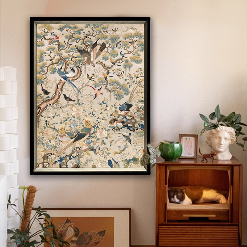 《花鸟祥和图》法式中古风餐厅装饰画新中式客厅挂画复古艺术国画