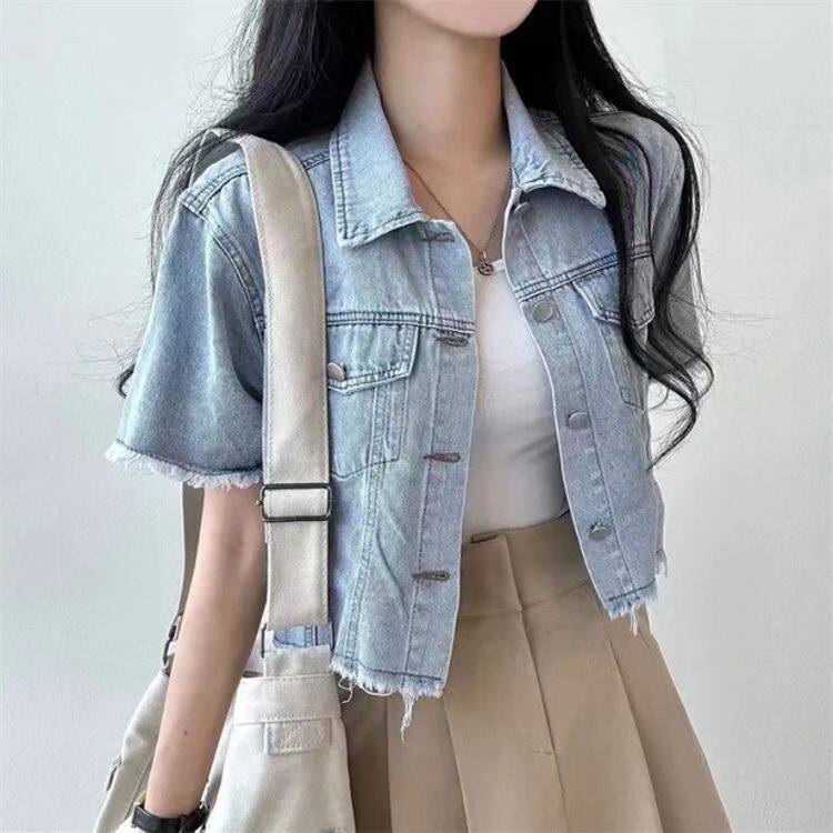 时尚洋气夏季港味复古毛边短款牛仔衬衫女小个子短袖开衫外套上衣