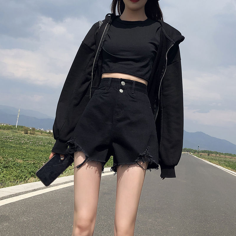 夏装薄网红黑色牛仔短裤女高腰a字显瘦2024春夏宽松阔腿ins热裤潮