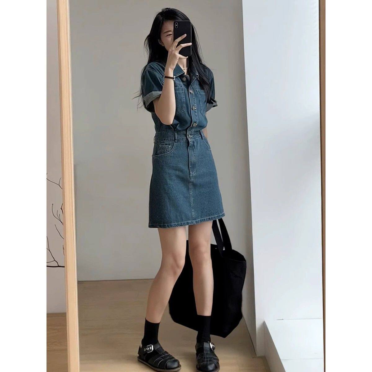 美式polo领垫肩蓝色牛仔短袖连体裤女单排扣阔腿卷边短裙女配腰带