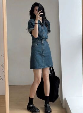 美式polo领垫肩蓝色牛仔短袖连体裤女单排扣阔腿卷边短裙女配腰带