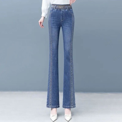 时尚烫钻松紧腰牛仔微喇裤女2024春季新款弹力显瘦显高修身喇叭裤