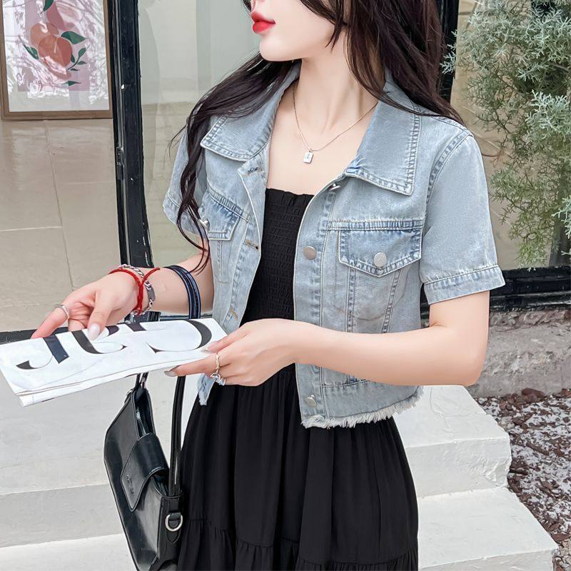 美式春秋款短款牛仔外套夏季女炸街小个子港味短袖上衣外搭薄款