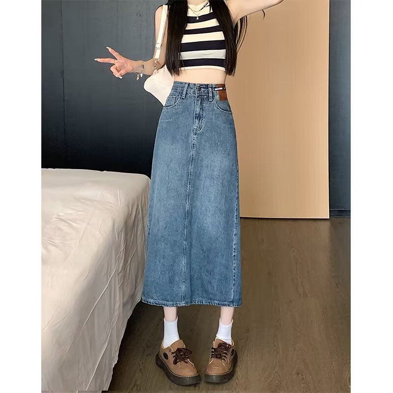 简约学院风半身牛仔裙女春夏季新款中长款遮跨a字开叉包臀牛仔裙