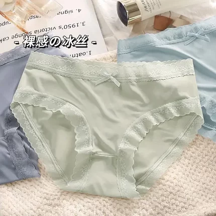性感蕾丝镂空内裤女士复古日系甜美风蝴蝶结丝滑牛奶丝中腰三角裤