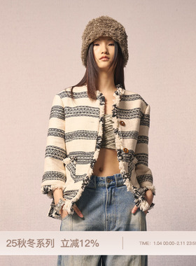 REFUSE CLUB 2025早秋新款黑白游牧虚边外套小香风流苏短上衣