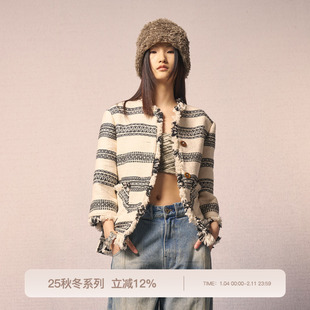 REFUSE CLUB 2025早秋新款黑白游牧虚边外套小香风流苏短上衣