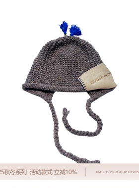 REFUSE CLUB 纯羊毛系结大布标护耳针织帽