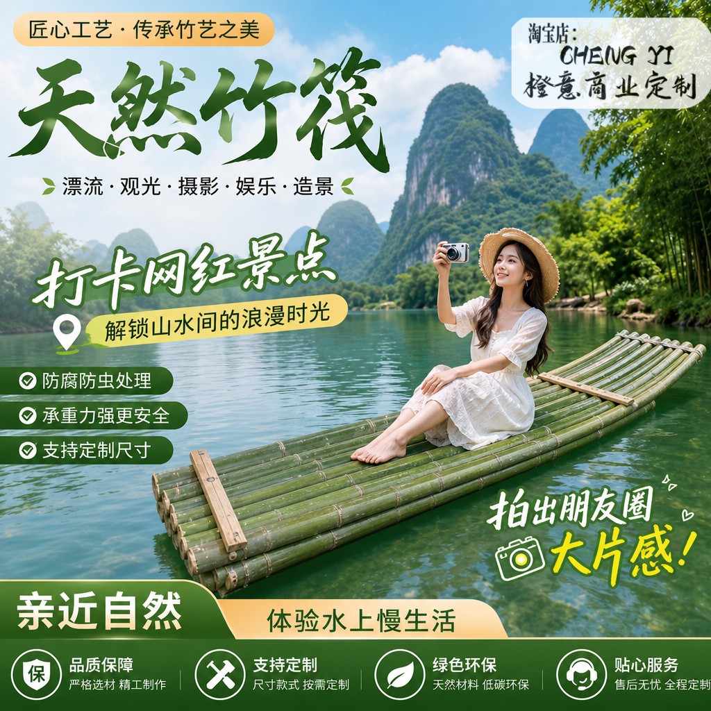 景区公园网红拍照打卡竹筏水上下午茶造景木船民宿观光船可定制
