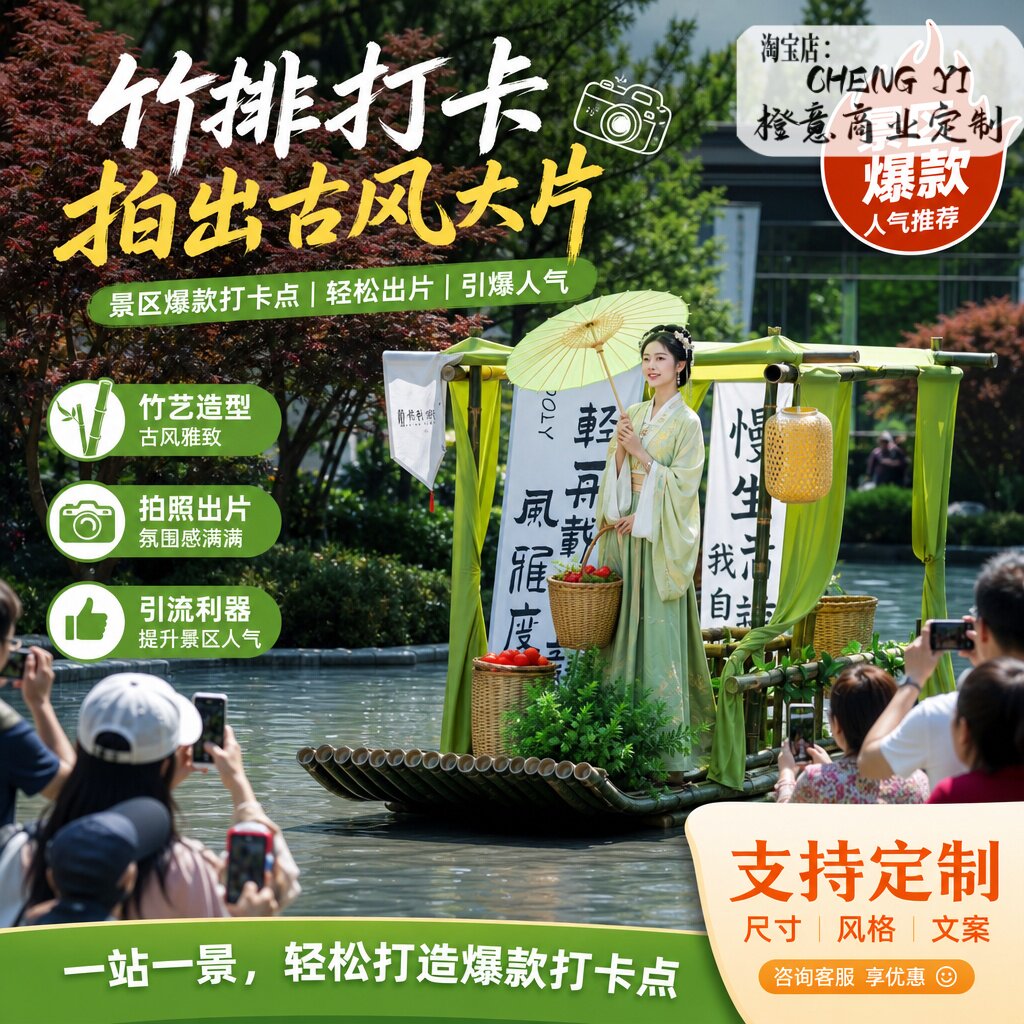 水上下午茶造景木船网红新中式景区打卡竹排文旅观光小船民宿农庄