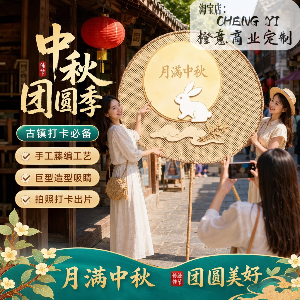 中秋巨型藤编扇子美陈定制打卡