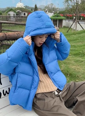 2025冬季新款巨好看布鲁斯蓝色羽绒服女短款90白鸭绒高充绒量外套