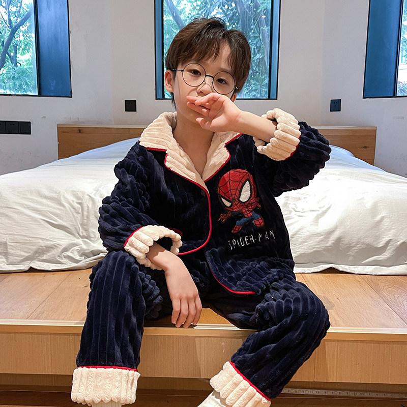 UK NEXT ROAD BIG KIDS PAJAMAS MENS 2022 NEW AUTUMN WINTER CORAL VELVET THICKENED LOUNGEWEAR SET