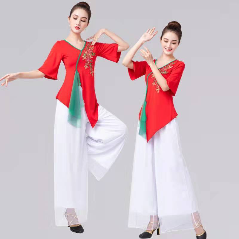 广场舞表演服装女喇叭袖绣花舞蹈上衣古典舞飘逸雪纺纱阔腿裤套装