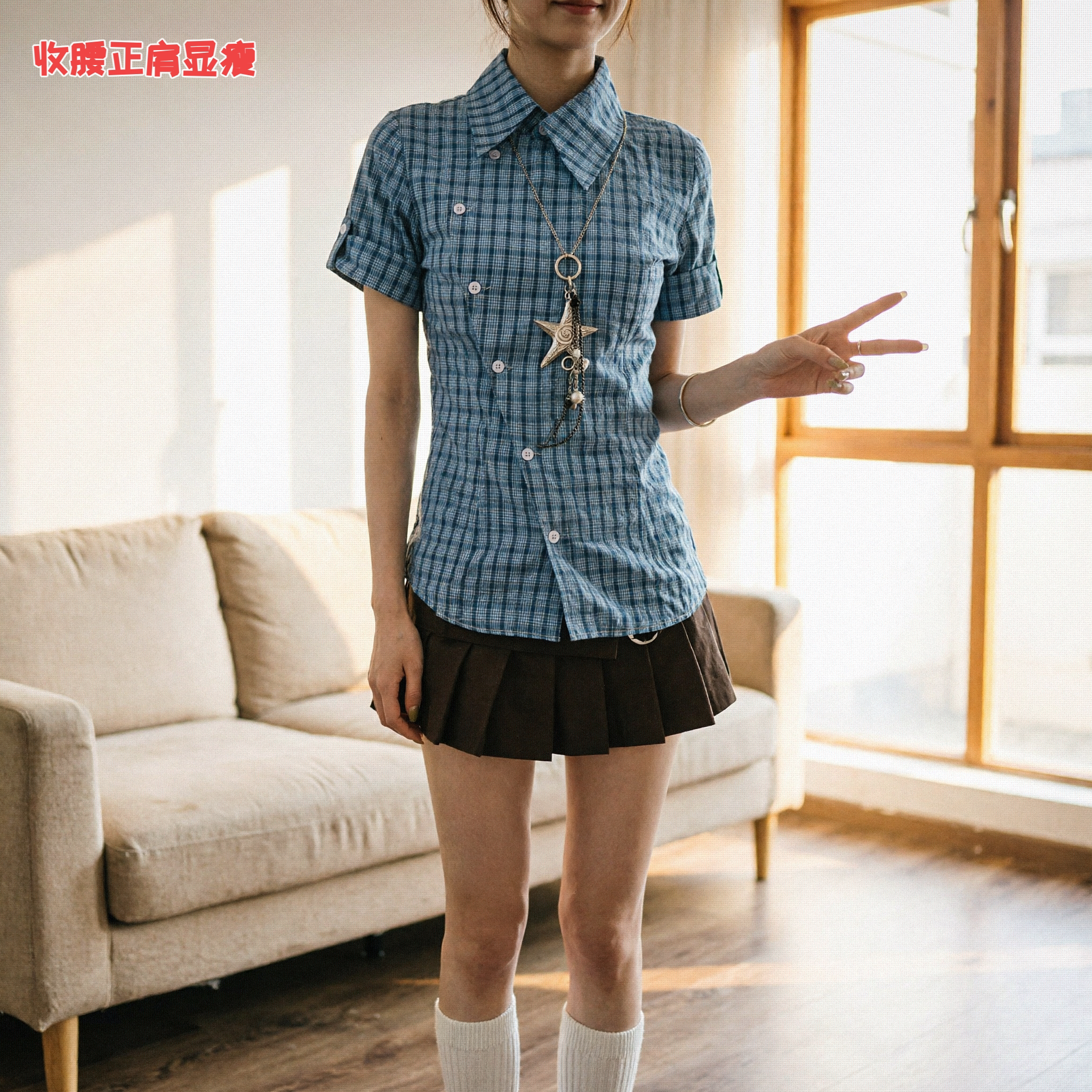 vintage 古着风不规则格纹上衣百褶裙套装小众百搭短袖衬衫两件套