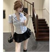 纯欲甜辣妹短款 学院风美式 女夏季 衬衫 小上衣独特绝美衬衣 条纹短袖