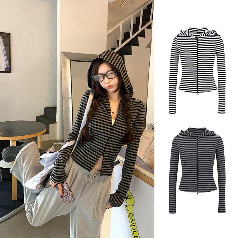 Moses Queen/魔西女王条纹正肩连帽慵懒休闲双拉链修身开衫外套女