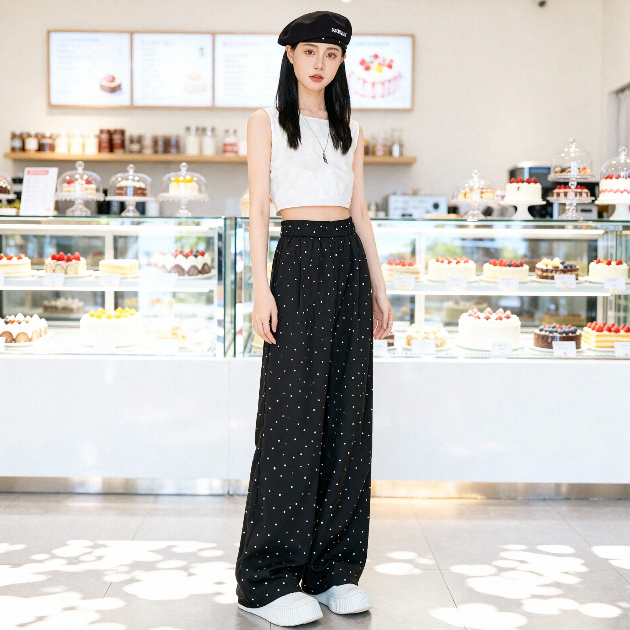 高腰波点阔腿裤女宽松显瘦小个子