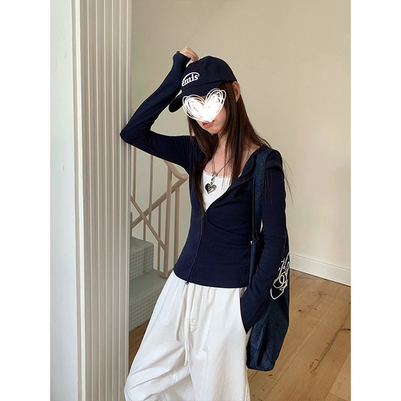 MosesQueen/魔西女王宽松连帽卫衣外套女百搭修身双拉链开衫上衣