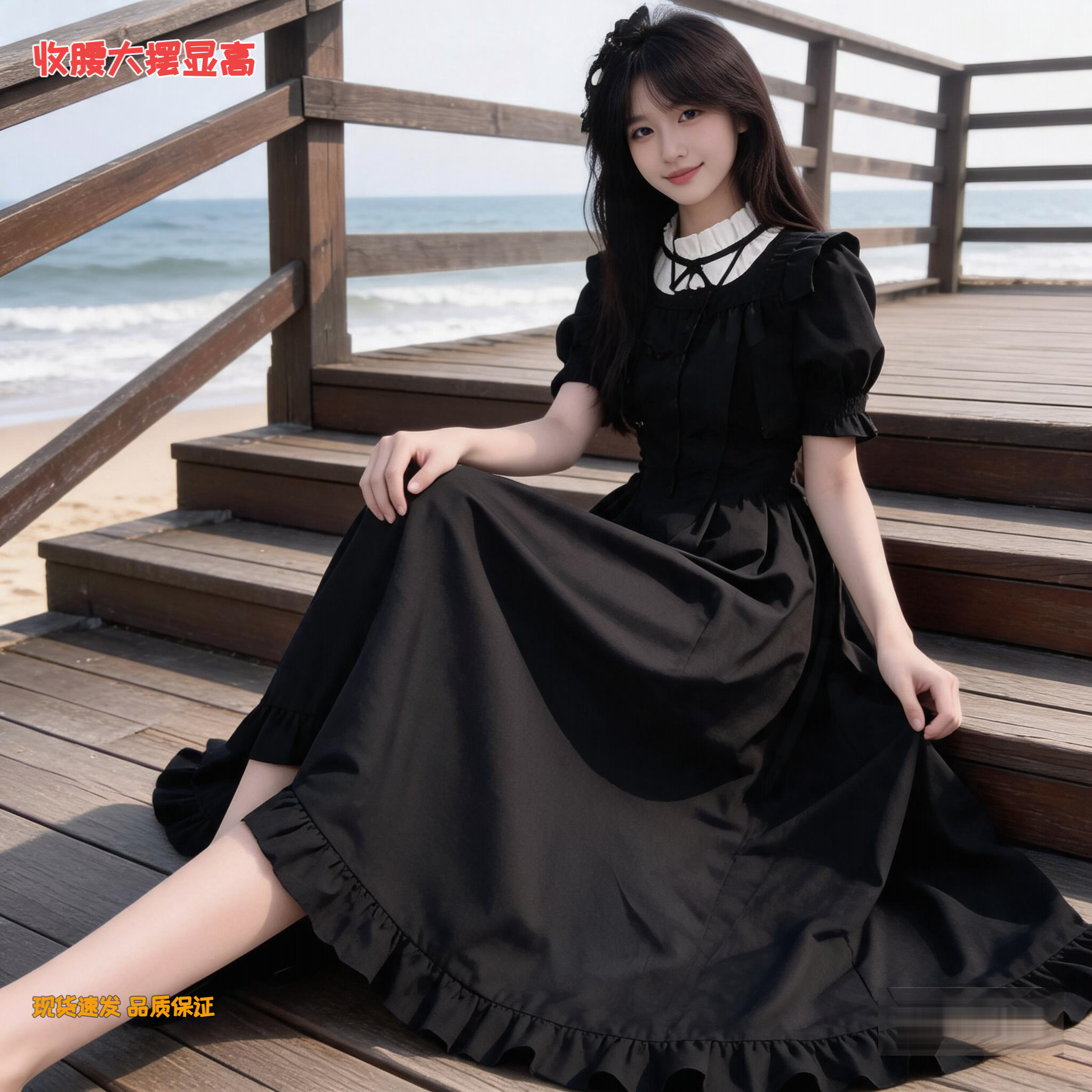 夏季优雅气质小众设计感洛丽塔长裙收腰显瘦lolita黑色连衣裙子女