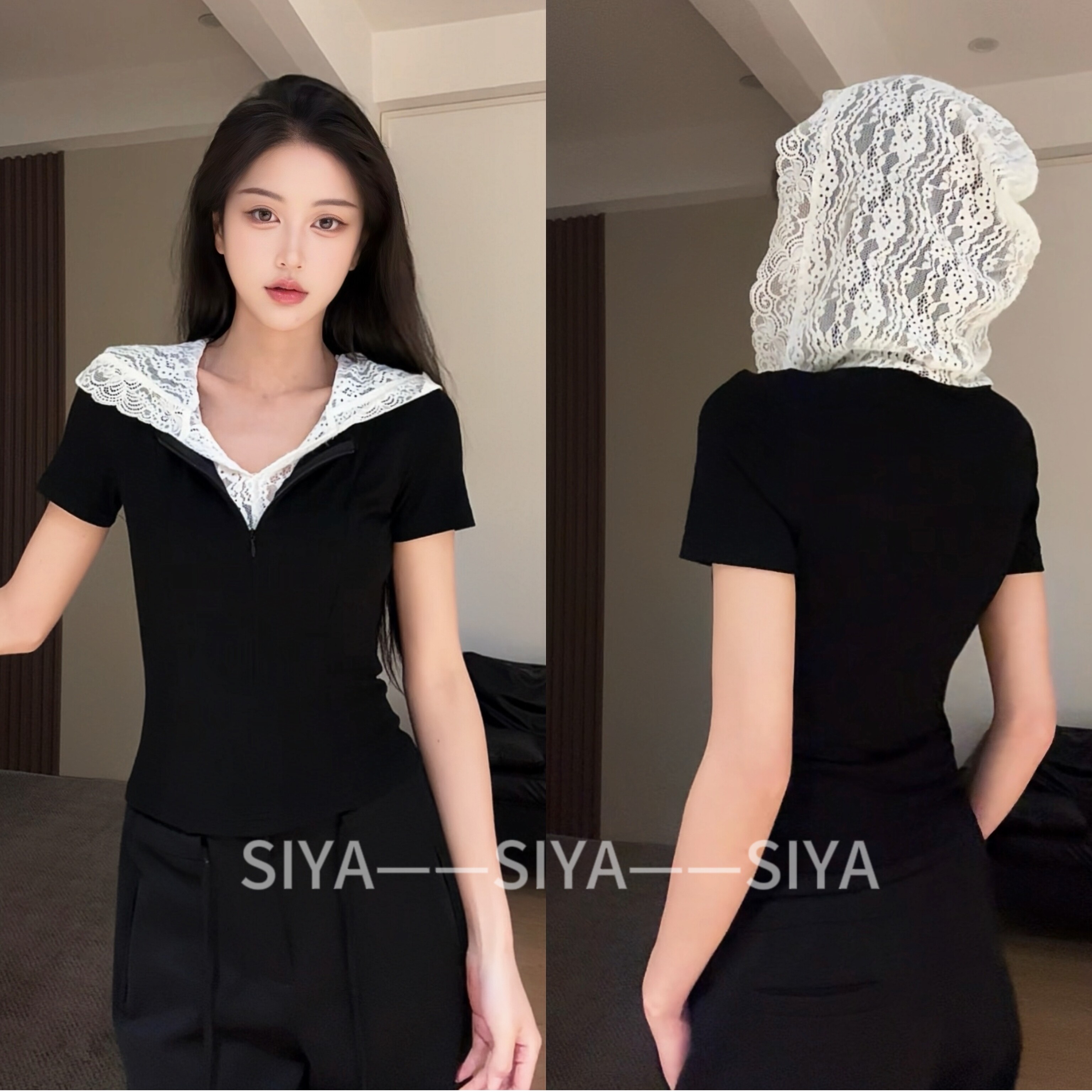 SIYA新款蕾丝拼接两件套连帽短袖打底衫假两件T恤上衣女森女短袖