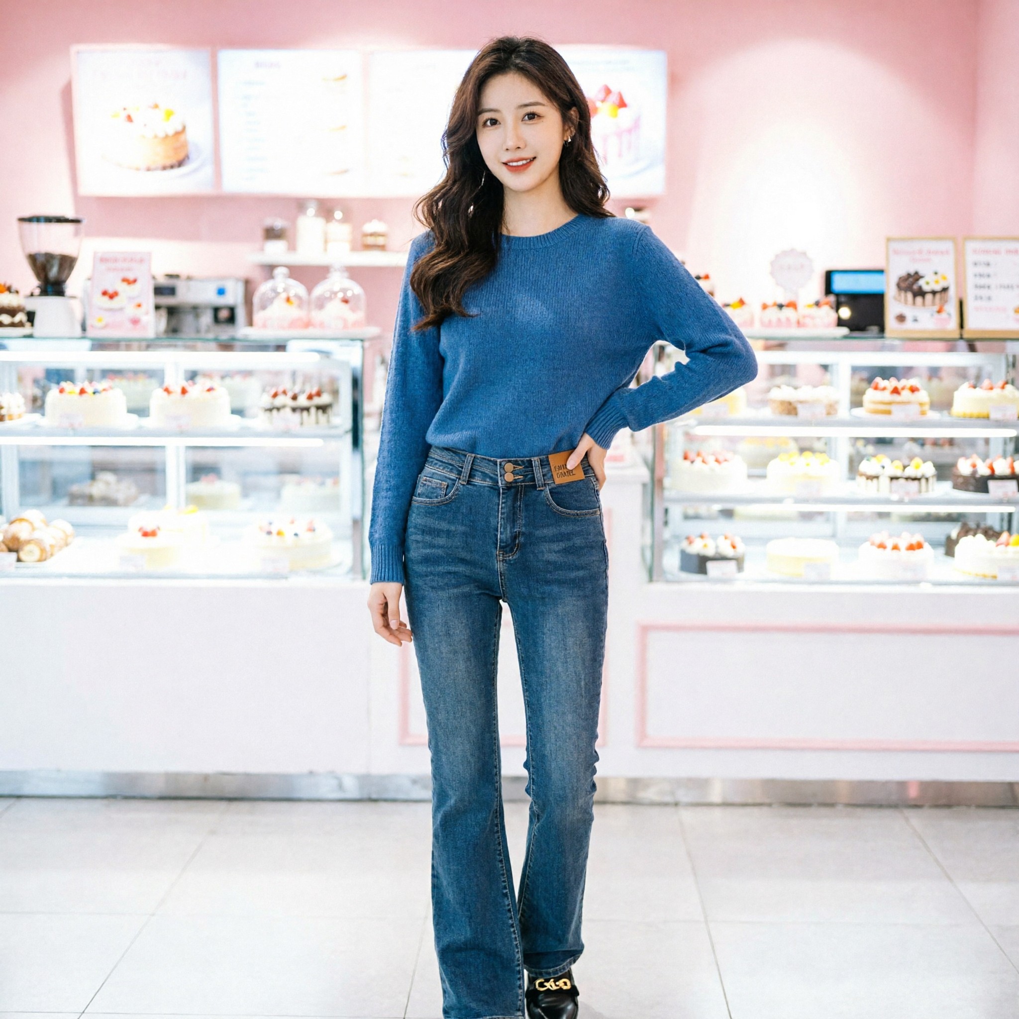 复古优质蓝双排扣微宽松美洋裤女辣妹新款高腰阔腿显瘦裤加绒弹力