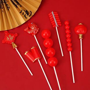 国潮新年生日蛋糕装饰插件仿真糖葫芦红鲤鱼灯笼鞭炮福中国结插牌