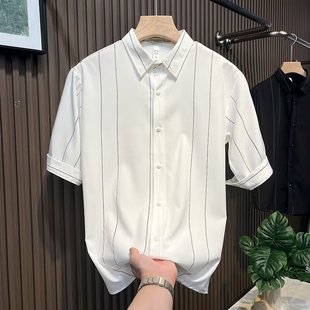 感痞帅上衣宽松潮流休闲半袖 轻熟风条纹衬衫 夏季 男士 衬衣 短袖