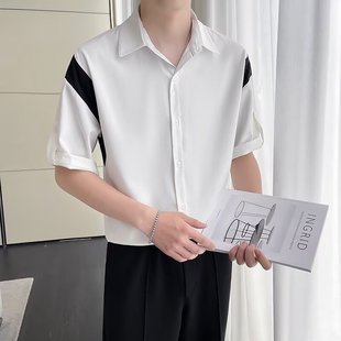 轻熟风休闲短袖 男装 夏季 衬衫 垂感衬衣 韩版 潮流拼接撞色半中袖