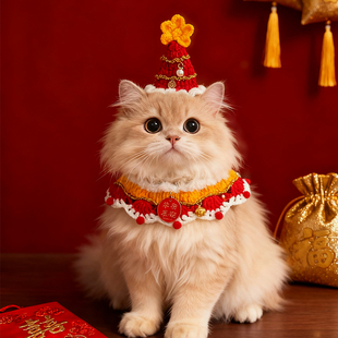 猫咪新年围脖装扮口水巾春节过年喜庆手工编织围巾节日狗喜庆项圈
