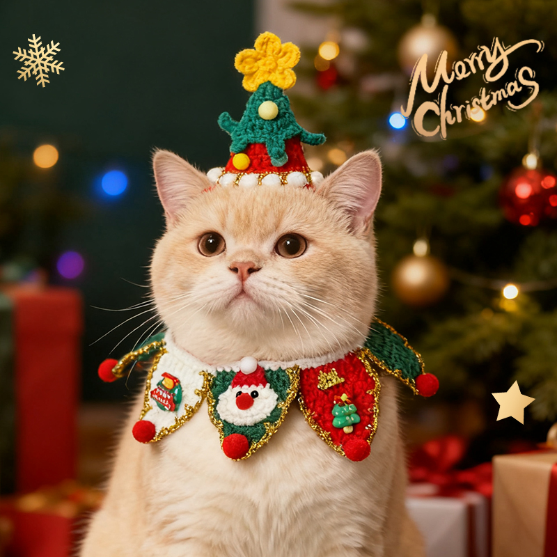 宠物圣诞节装扮手工毛线口水巾猫咪狗狗配饰