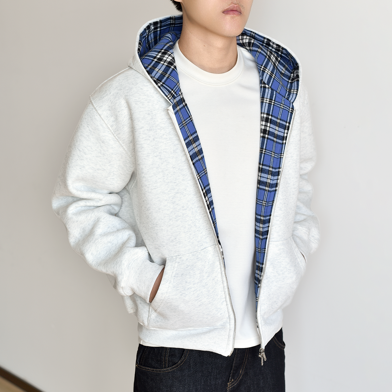 【蓝格子拼接】重磅挺括连帽卫衣