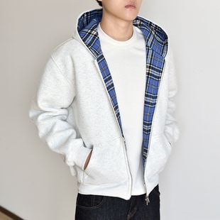 宽松cleanfit上衣 重磅挺括连帽卫衣男秋冬外套厚款 蓝格子拼接